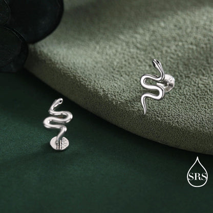 Snake Internal Flat Back /Screw Back / Stud Earrings in Sterling Silver - Gold or Silver Finish- Sold as a Pair - Snake Barbel Earrings