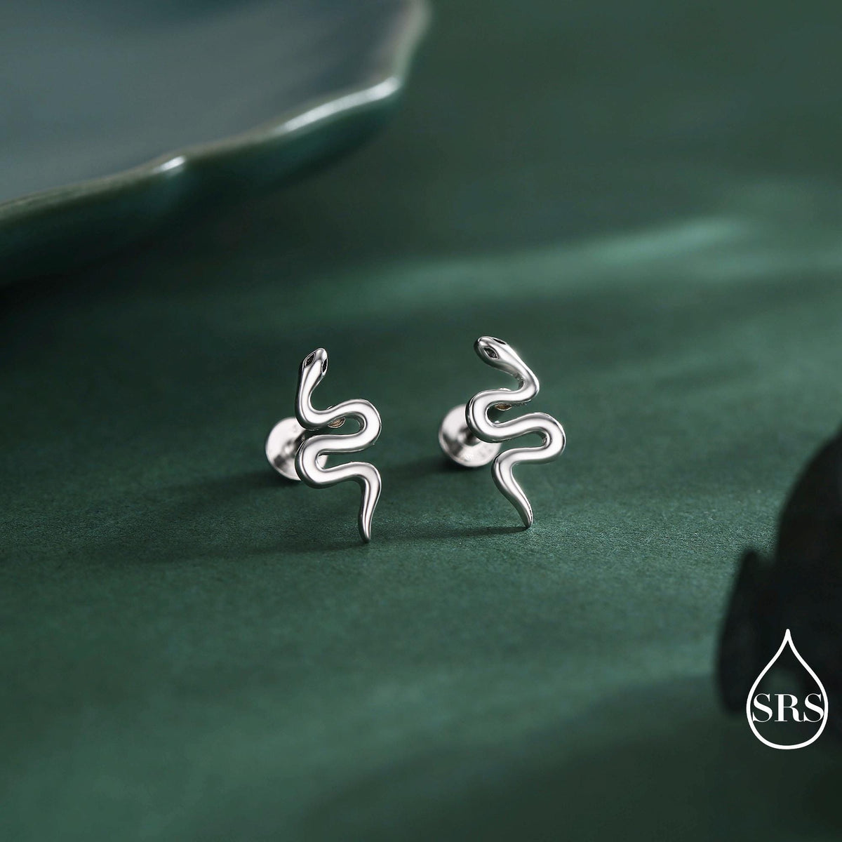 Snake Internal Flat Back /Screw Back / Stud Earrings in Sterling Silver - Gold or Silver Finish- Sold as a Pair - Snake Barbel Earrings