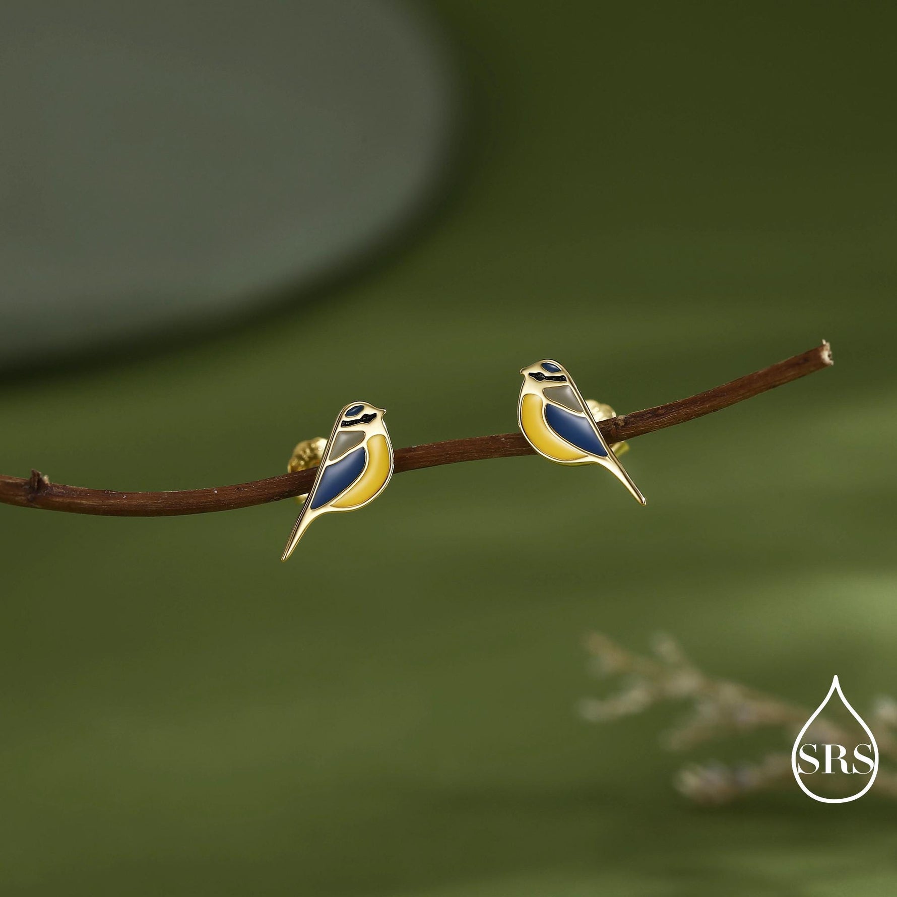 Blue Tit Bird Stud Earrings in Sterling Silver, Sterling Silver Blue Tit Earrings, Hand Painted Enamel Earrings, Animal Earrings