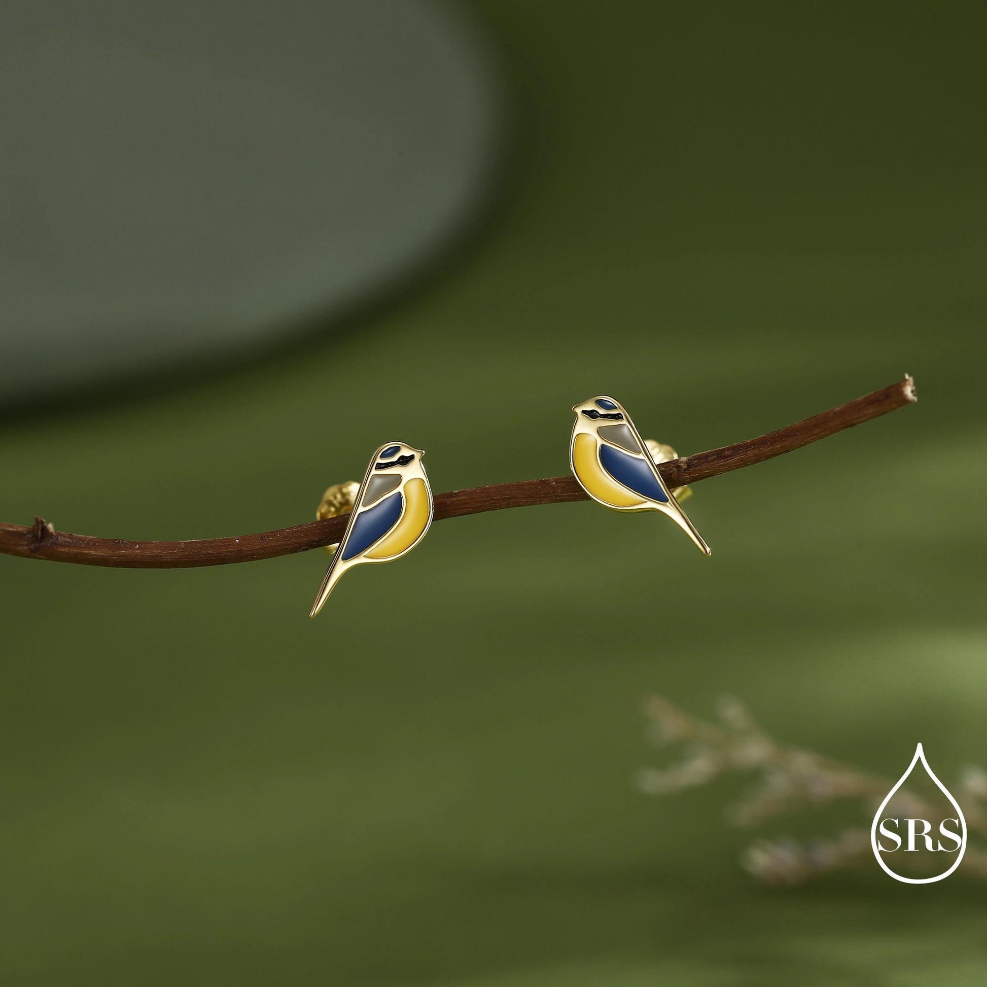 Blue Tit Bird Stud Earrings in Sterling Silver, Sterling Silver Blue Tit Earrings, Hand Painted Enamel Earrings, Animal Earrings
