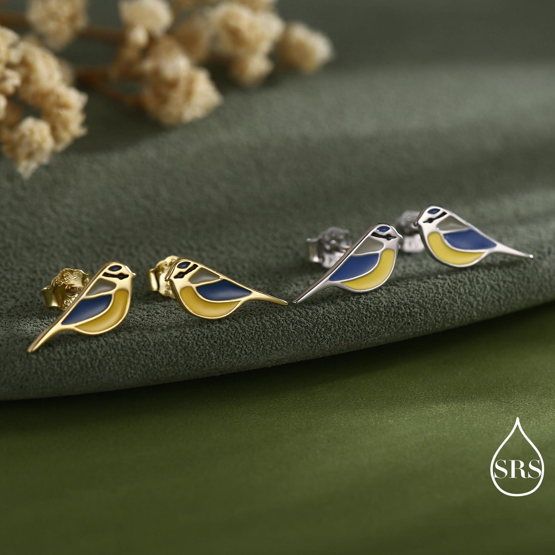 Blue Tit Bird Stud Earrings in Sterling Silver, Sterling Silver Blue Tit Earrings, Hand Painted Enamel Earrings, Animal Earrings