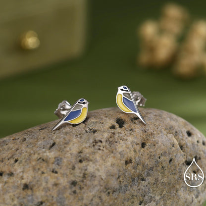Blue Tit Bird Stud Earrings in Sterling Silver, Sterling Silver Blue Tit Earrings, Hand Painted Enamel Earrings, Animal Earrings