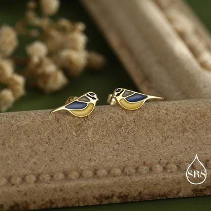 Blue Tit Bird Stud Earrings in Sterling Silver, Sterling Silver Blue Tit Earrings, Hand Painted Enamel Earrings, Animal Earrings