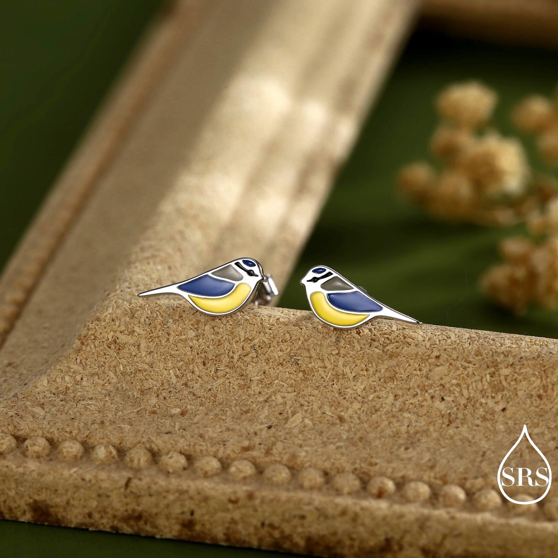 Blue Tit Bird Stud Earrings in Sterling Silver, Sterling Silver Blue Tit Earrings, Hand Painted Enamel Earrings, Animal Earrings