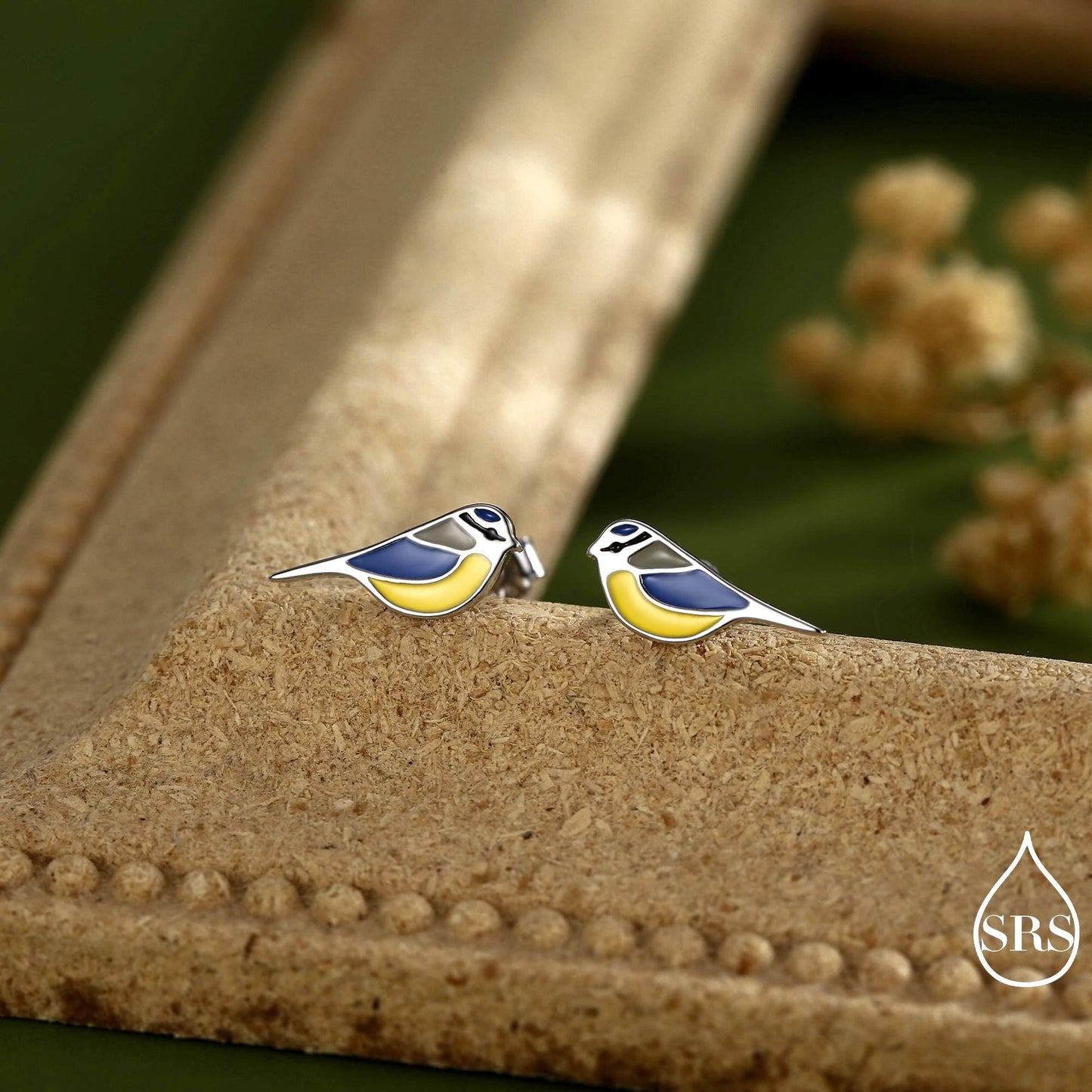 Blue Tit Bird Stud Earrings in Sterling Silver, Sterling Silver Blue Tit Earrings, Hand Painted Enamel Earrings, Animal Earrings