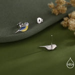 Mismatched Robin and Blue Tit Bird Stud Earrings in Sterling Silver, Asymmetric Blue Tit and Robin Earrings, Hand Painted Enamel