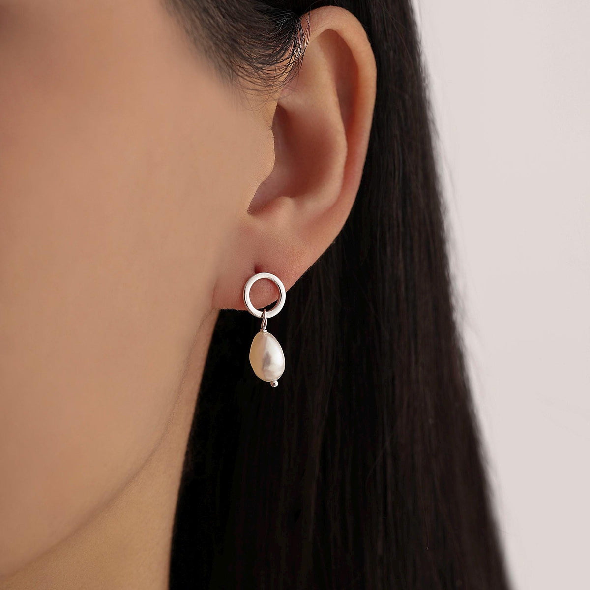 Circle with Dangling Baroque Pearl Drop Stud Earrings in Sterling Silver, Keshi Pearl Earrings, Gold or Silver, Genuine Pearls