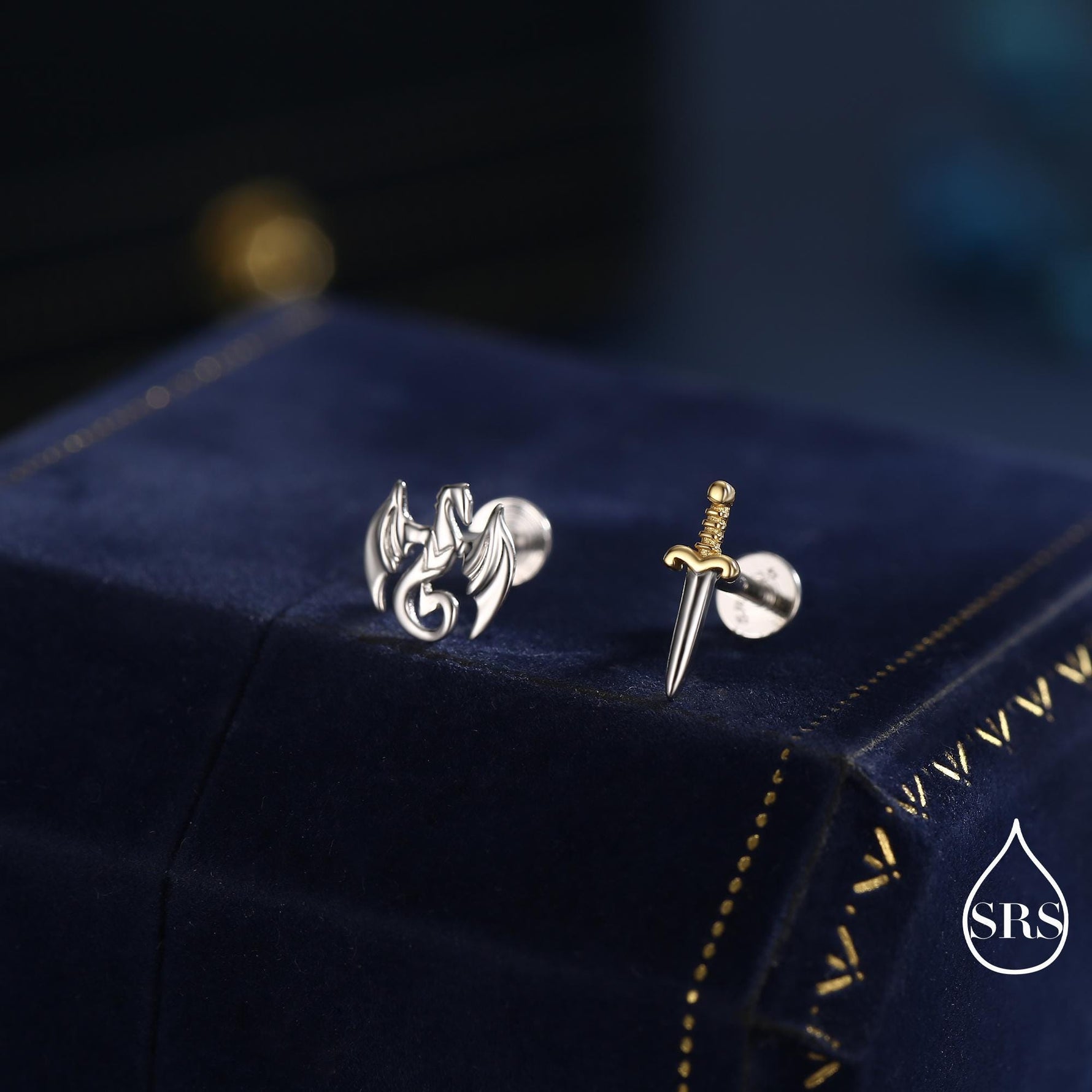 Mismatched Dragon and Sword 16G Internally Threaded Flat Back Earrings in Sterling Silver