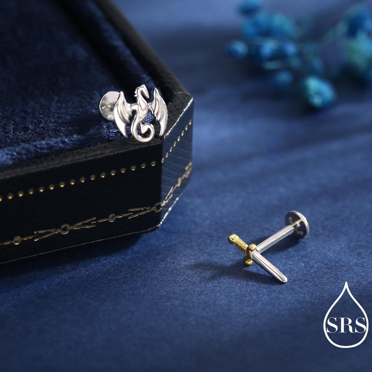 Mismatched Dragon and Sword 16G Internally Threaded Flat Back Earrings in Sterling Silver