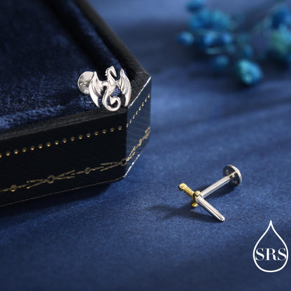 Mismatched Dragon and Sword Internally Threaded Flat Back / Screw Back /Stud Earrings in Sterling Silver, Asymmetric Dragon Earrings