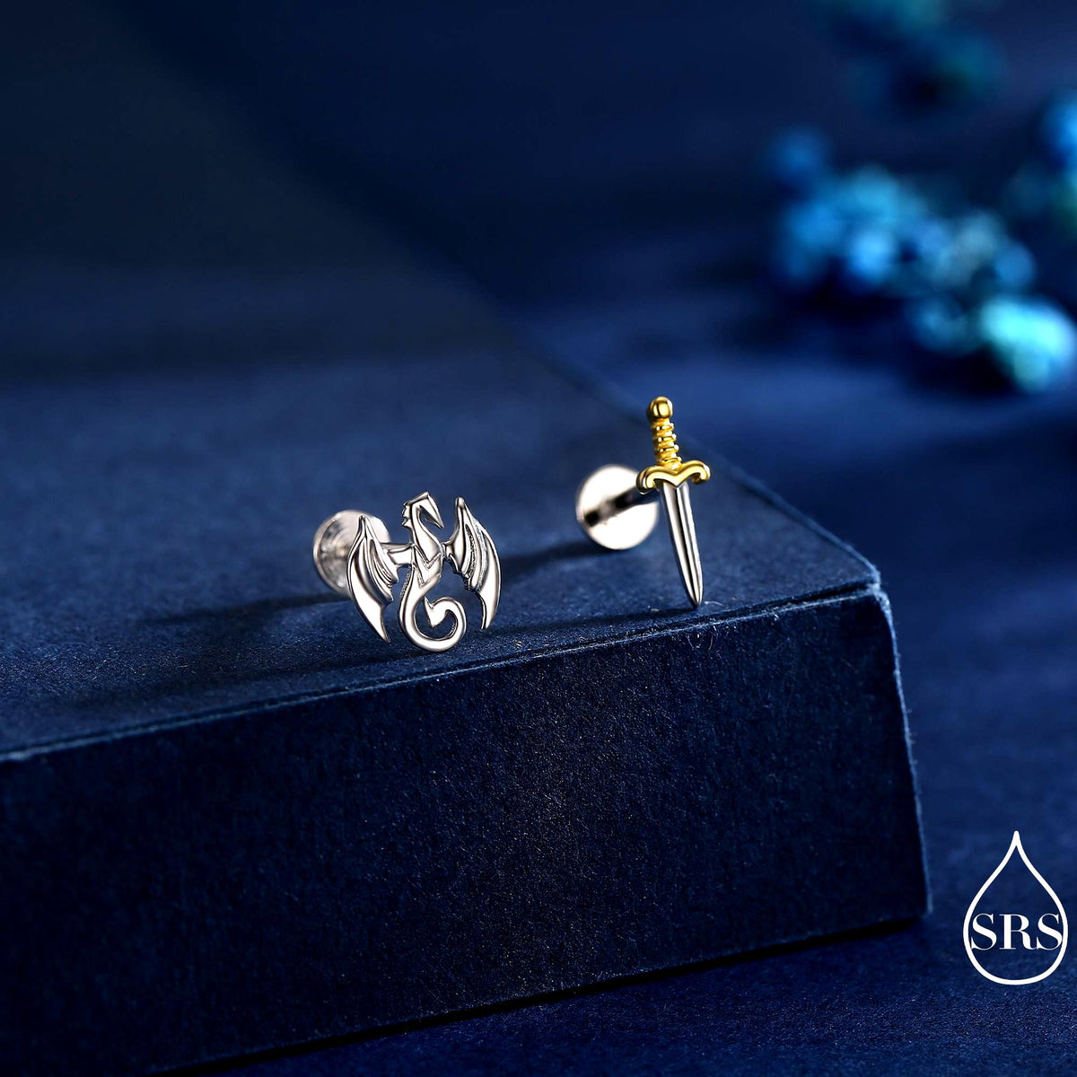 Mismatched Dragon and Sword 16G Internally Threaded Flat Back Earrings in Sterling Silver