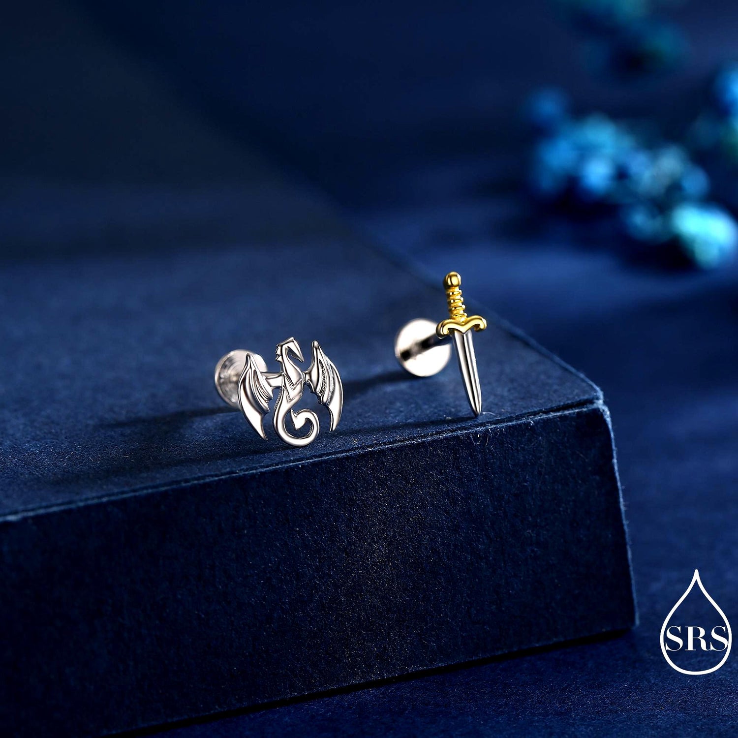Mismatched Dragon and Sword 16G Internally Threaded Flat Back Earrings in Sterling Silver