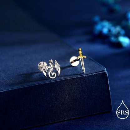 Mismatched Dragon and Sword Internally Threaded Flat Back / Screw Back /Stud Earrings in Sterling Silver, Asymmetric Dragon Earrings