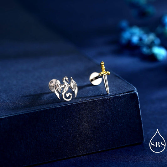 Mismatched Dragon and Sword Internally Threaded Flat Back / Screw Back /Stud Earrings in Sterling Silver, Asymmetric Dragon Earrings