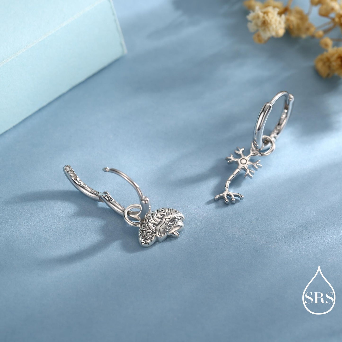 Mismatched Neuron Cell Huggie Hoops Earrings in Sterling Silver, Silver, Gold or Rose Gold Finish, Neurone Cell Nerve Earrings, Detachable