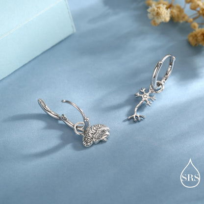 Mismatched Neuron Cell Huggie Hoops Earrings in Sterling Silver, Silver, Gold or Rose Gold Finish, Neurone Cell Nerve Earrings, Detachable
