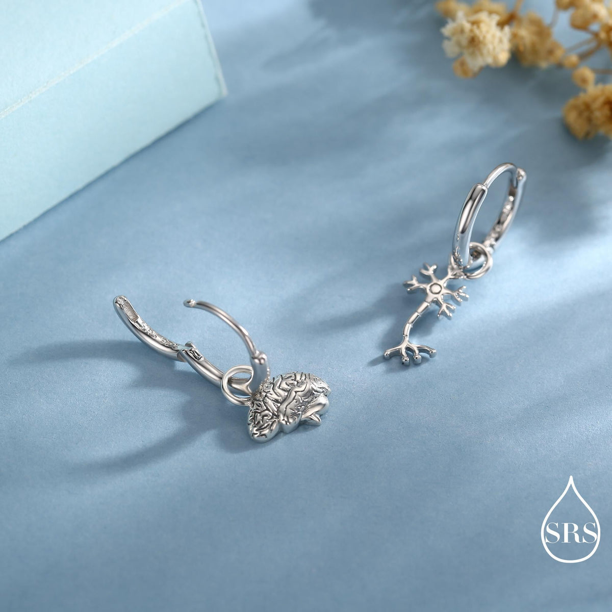 Mismatched Anatomical Brain and Neurone Huggie Hoops Earrings in Sterling Silver, Silver, Gold or Rose Gold, Biology Jewellery, Detachable