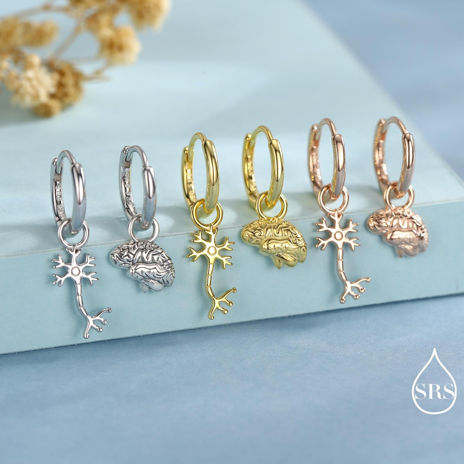 Mismatched Anatomical Brain and Neurone Huggie Hoops Earrings in Sterling Silver, Silver, Gold or Rose Gold, Biology Jewellery, Detachable