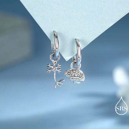 Mismatched Neuron Cell Huggie Hoops Earrings in Sterling Silver, Silver, Gold or Rose Gold Finish, Neurone Cell Nerve Earrings, Detachable