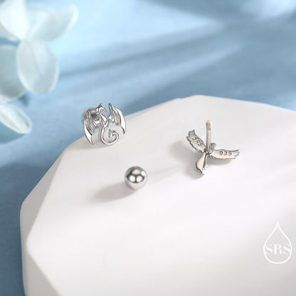 Mismatched Dragon and Phoenix Screw Back /Internally Threaded Flat Back /Stud Earrings in Sterling Silver, Silver, Gold, Rose Gold