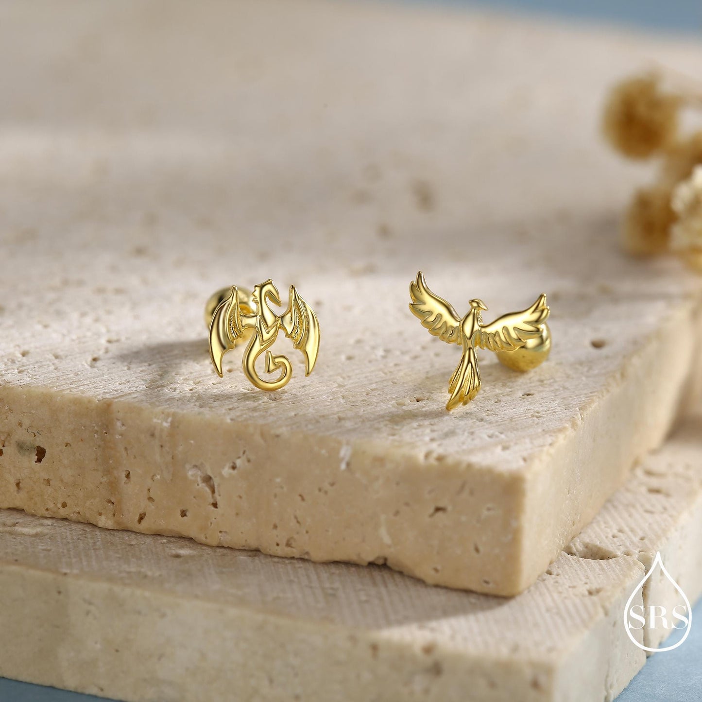 Mismatched Dragon and Phoenix Internally Threaded Flat Back /Stud Earrings in Sterling Silver, Silver, Gold, Rose Gold, Asymmetric Earrings