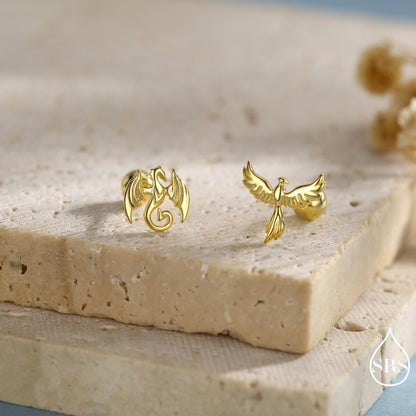 Mismatched Dragon and Phoenix Internally Threaded Flat Back /Stud Earrings in Sterling Silver, Silver, Gold, Rose Gold, Asymmetric Earrings