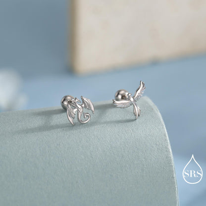 Mismatched Dragon and Phoenix Internally Threaded Flat Back /Stud Earrings in Sterling Silver, Silver, Gold, Rose Gold, Asymmetric Earrings