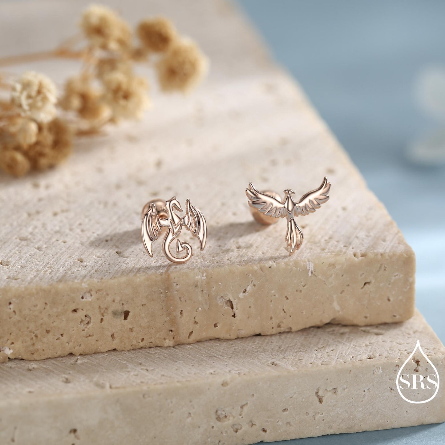 Mismatched Dragon and Phoenix Screw Back /Internally Threaded Flat Back /Stud Earrings in Sterling Silver, Silver, Gold, Rose Gold