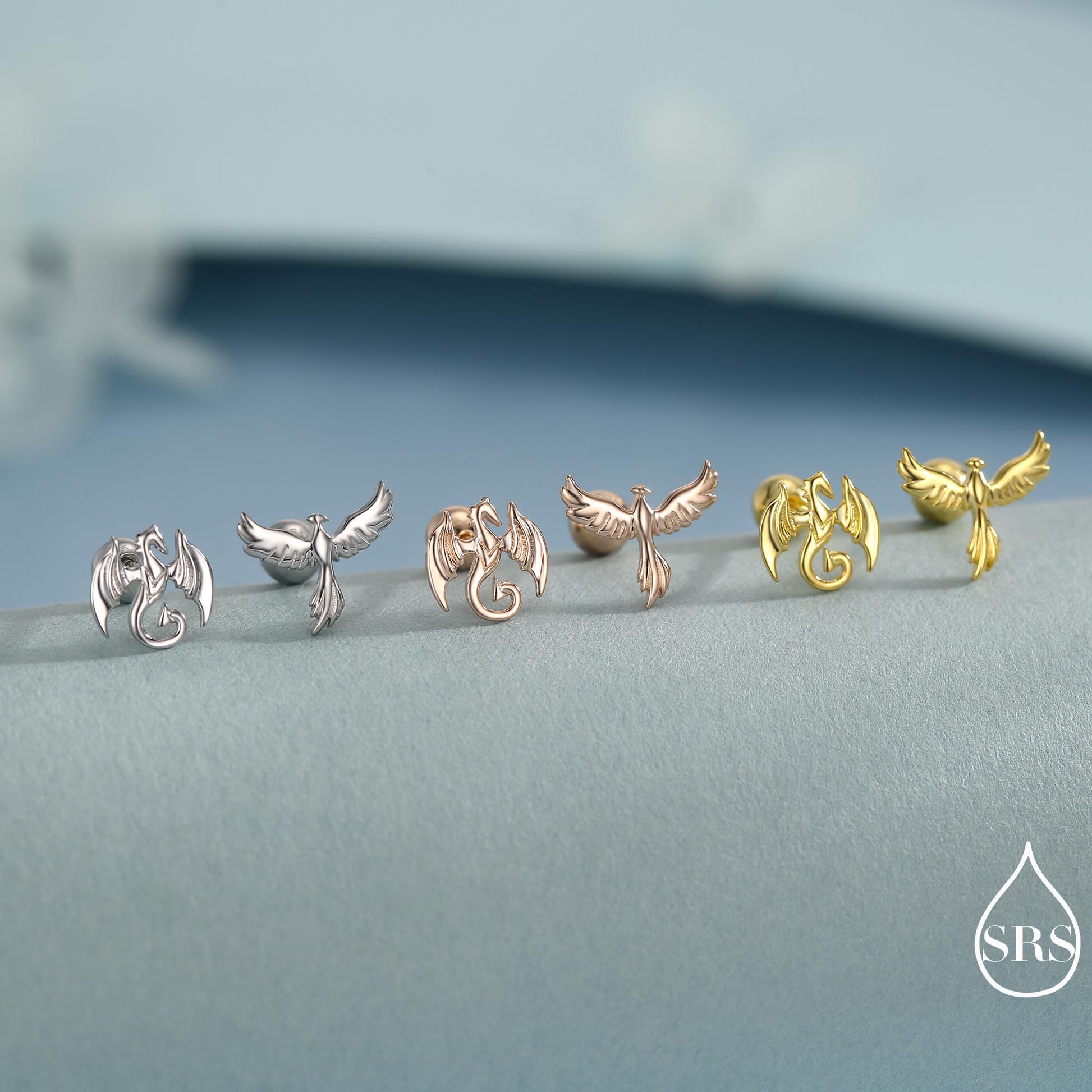 Mismatched Dragon and Phoenix Screw Back /Internally Threaded Flat Back /Stud Earrings in Sterling Silver, Silver, Gold, Rose Gold