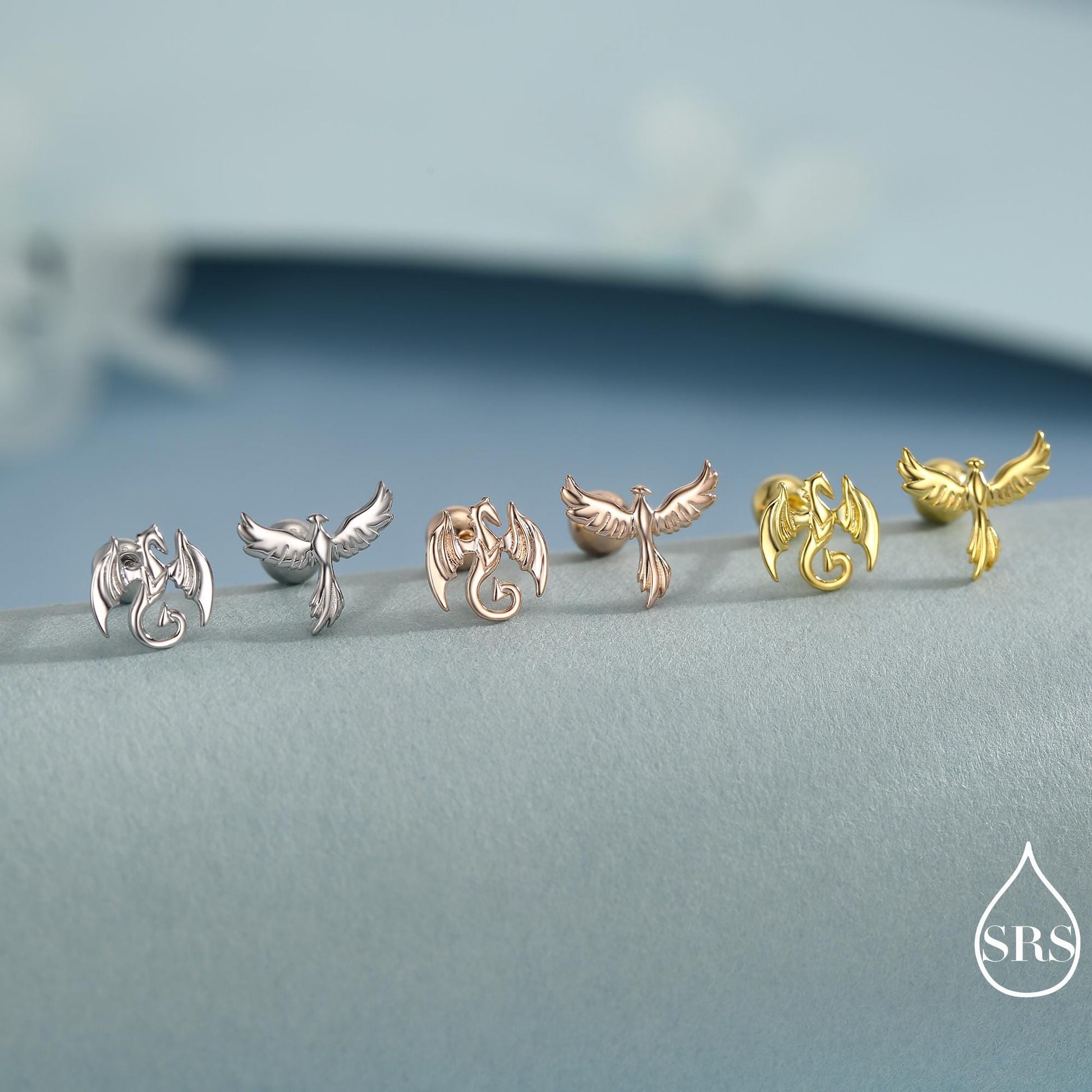 Mismatched Dragon and Phoenix Internally Threaded Flat Back /Stud Earrings in Sterling Silver, Silver, Gold, Rose Gold, Asymmetric Earrings