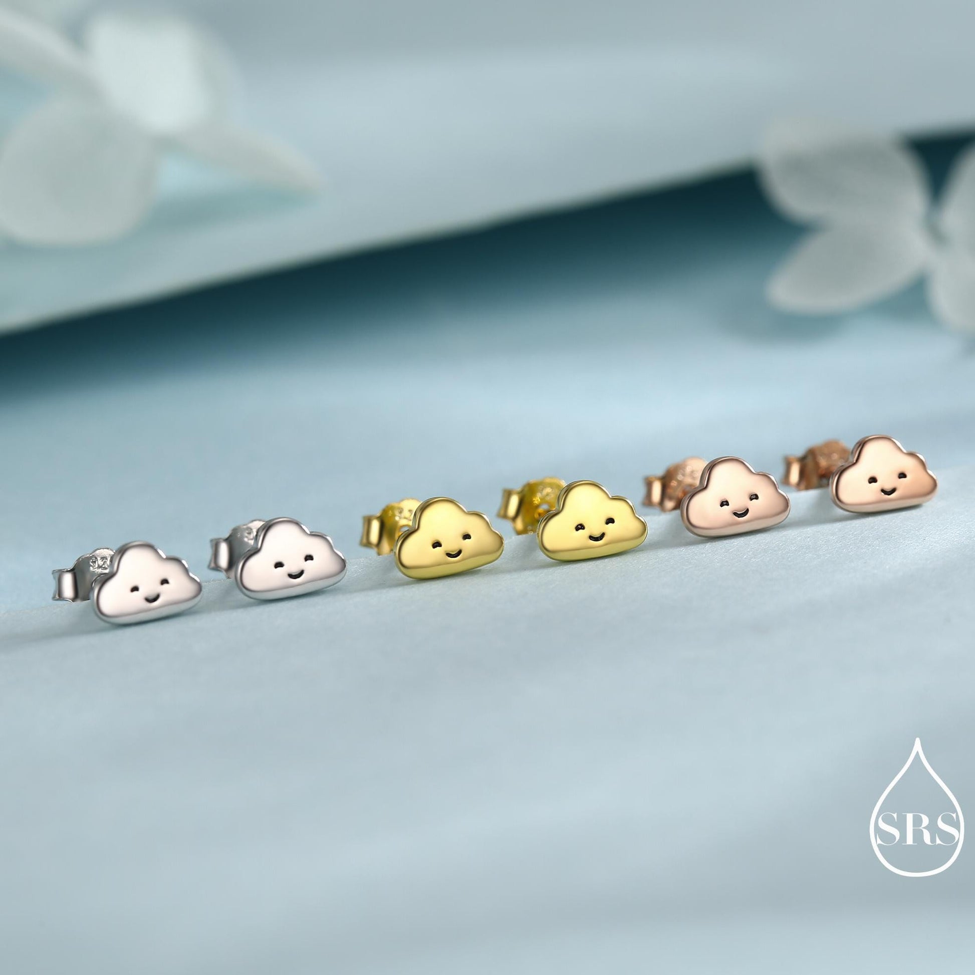 Tiny Cloud Stud Earrings in Sterling Silver, Silver Gold or Rose Gold Finish, Happy Cloud Earrings, Celestial Earrings