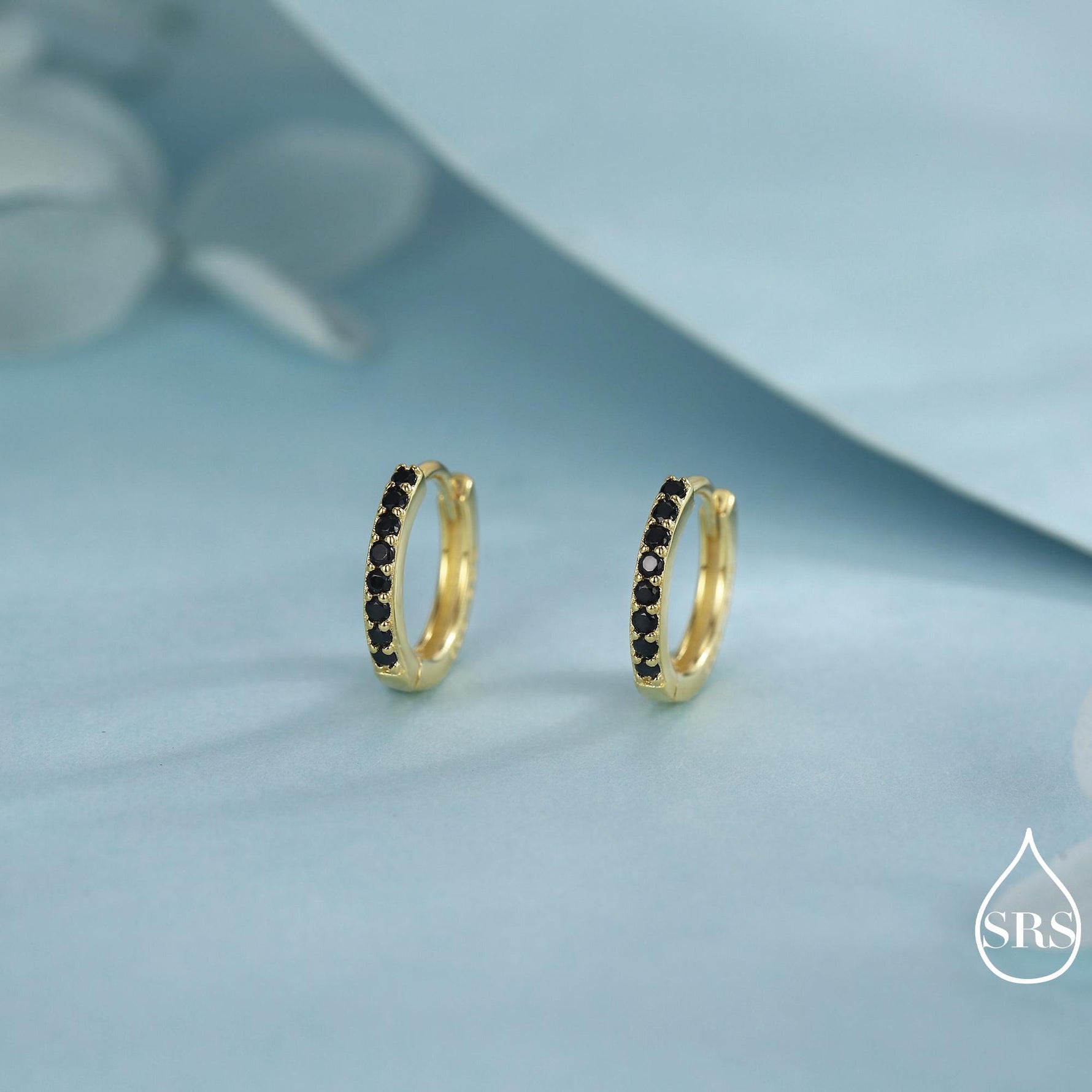 Onyx Black CZ Crystal Huggie Hoops in Sterling Silver, Silver or Gold, 6mm, 7mm and 8mm Minimalist Hoop Earrings