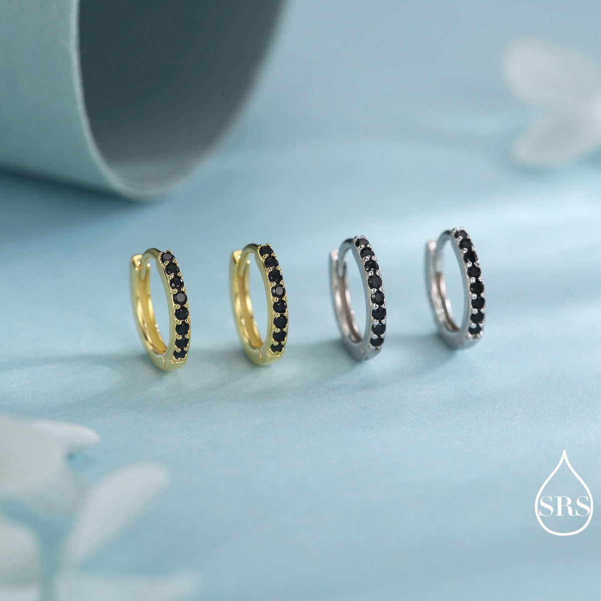 Onyx Black CZ Crystal Huggie Hoops in Sterling Silver, Silver or Gold, 6mm, 7mm and 8mm Minimalist Hoop Earrings