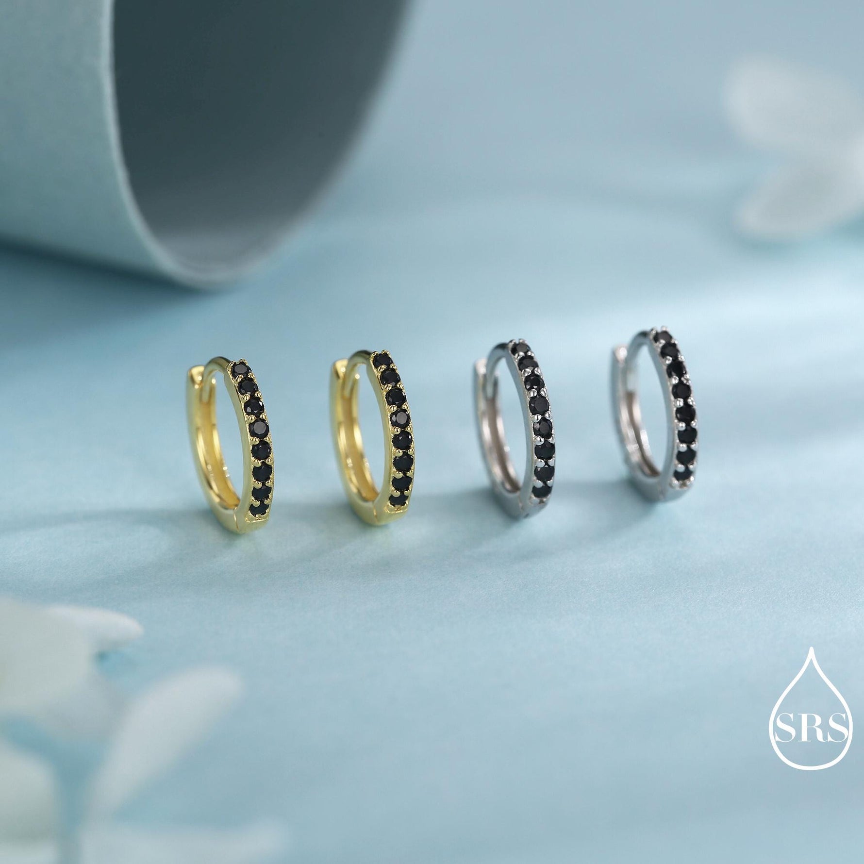 Onyx Black CZ Crystal Huggie Hoops in Sterling Silver, Silver or Gold, 6mm, 7mm and 8mm Minimalist Hoop Earrings
