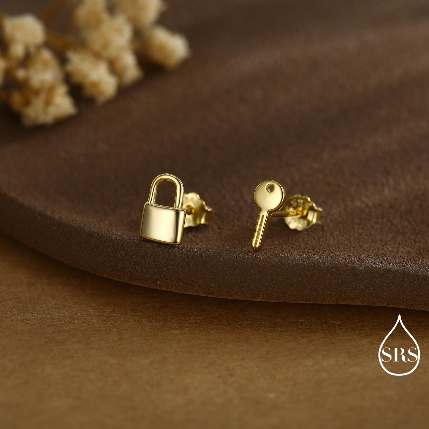 Tiny Key and Lock Mismatched Stud Earrings in Sterling Silver, Silver or Gold, Stacking Earrings