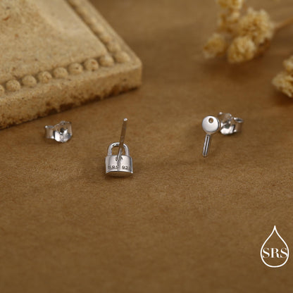 Tiny Key and Lock Mismatched Stud Earrings in Sterling Silver, Silver or Gold, Stacking Earrings