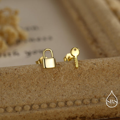 Tiny Key and Lock Mismatched Stud Earrings in Sterling Silver, Silver or Gold, Stacking Earrings