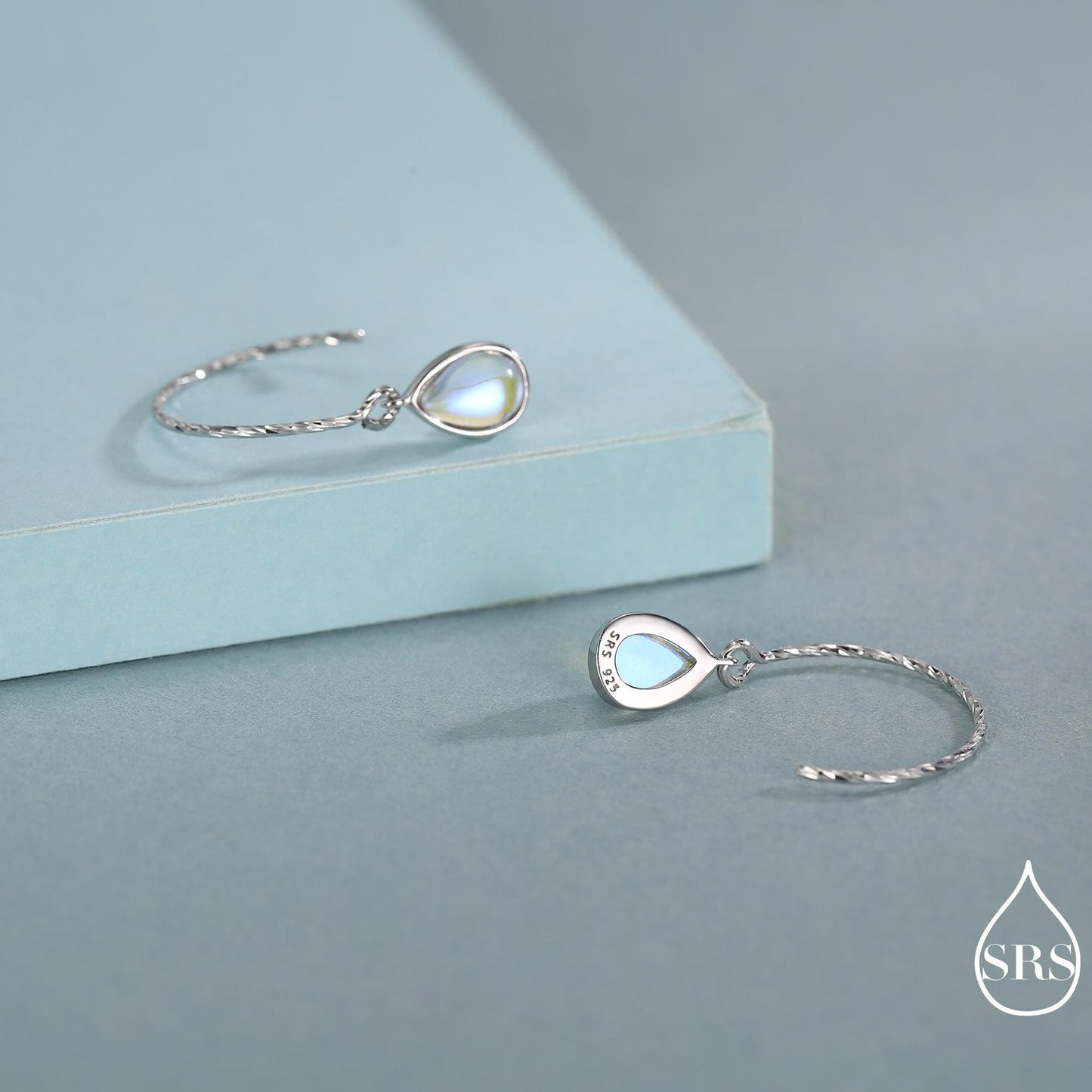 Mermaid Crystal Drop Hook Earrings in Sterling Silver, Droplet Pear Cut Aurora Glass Crystal, Simulated Moonstone Dangle Earrings