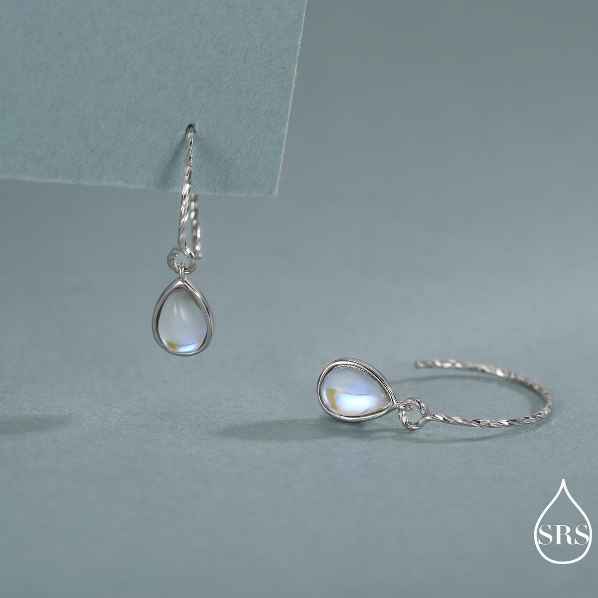 Mermaid Crystal Drop Hook Earrings in Sterling Silver, Droplet Pear Cut Aurora Glass Crystal, Simulated Moonstone Dangle Earrings