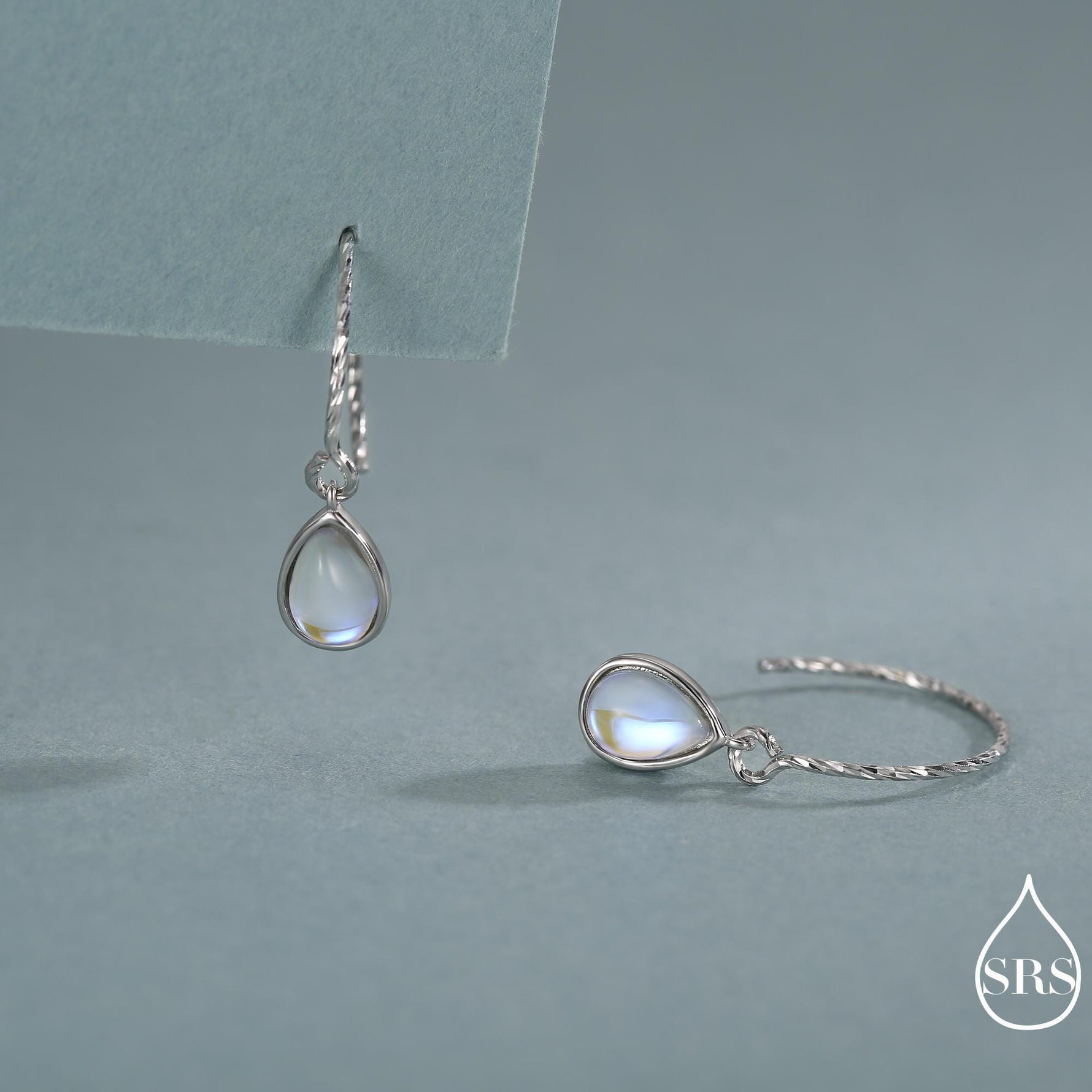 Mermaid Crystal Drop Hook Earrings in Sterling Silver, Droplet Pear Cut Aurora Glass Crystal, Simulated Moonstone Dangle Earrings