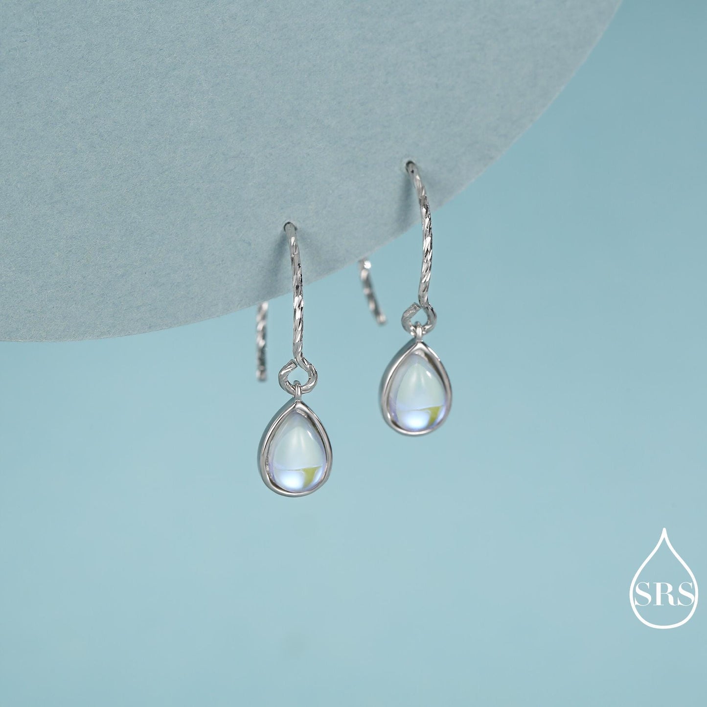 Mermaid Crystal Drop Hook Earrings in Sterling Silver, Droplet Pear Cut Aurora Glass Crystal, Simulated Moonstone Dangle Earrings