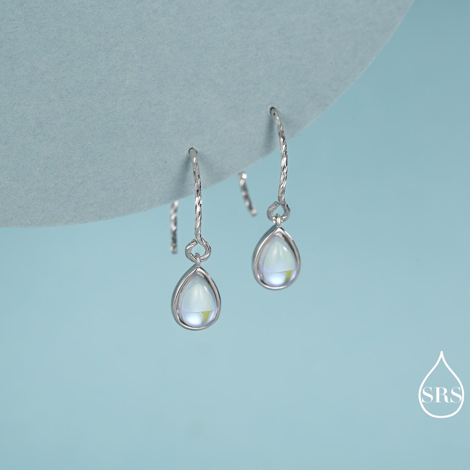 Mermaid Crystal Drop Hook Earrings in Sterling Silver, Droplet Pear Cut Aurora Glass Crystal, Simulated Moonstone Dangle Earrings