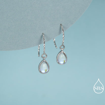 Mermaid Crystal Drop Hook Earrings in Sterling Silver, Droplet Pear Cut Aurora Glass Crystal, Simulated Moonstone Dangle Earrings