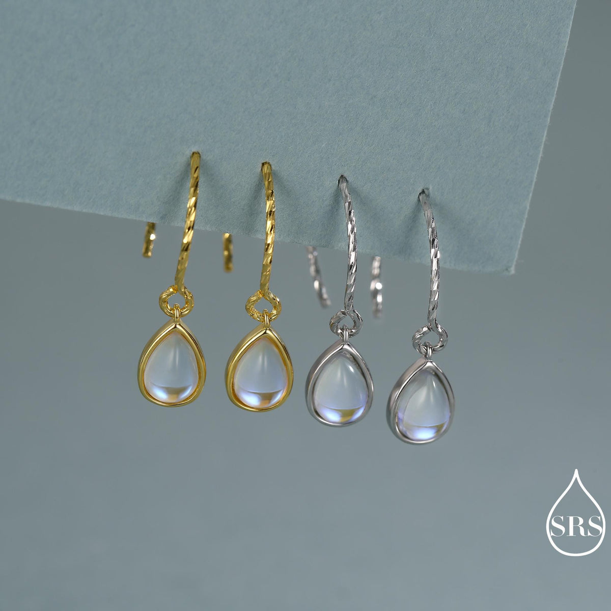 Mermaid Crystal Drop Hook Earrings in Sterling Silver, Droplet Pear Cut Aurora Glass Crystal, Simulated Moonstone Dangle Earrings
