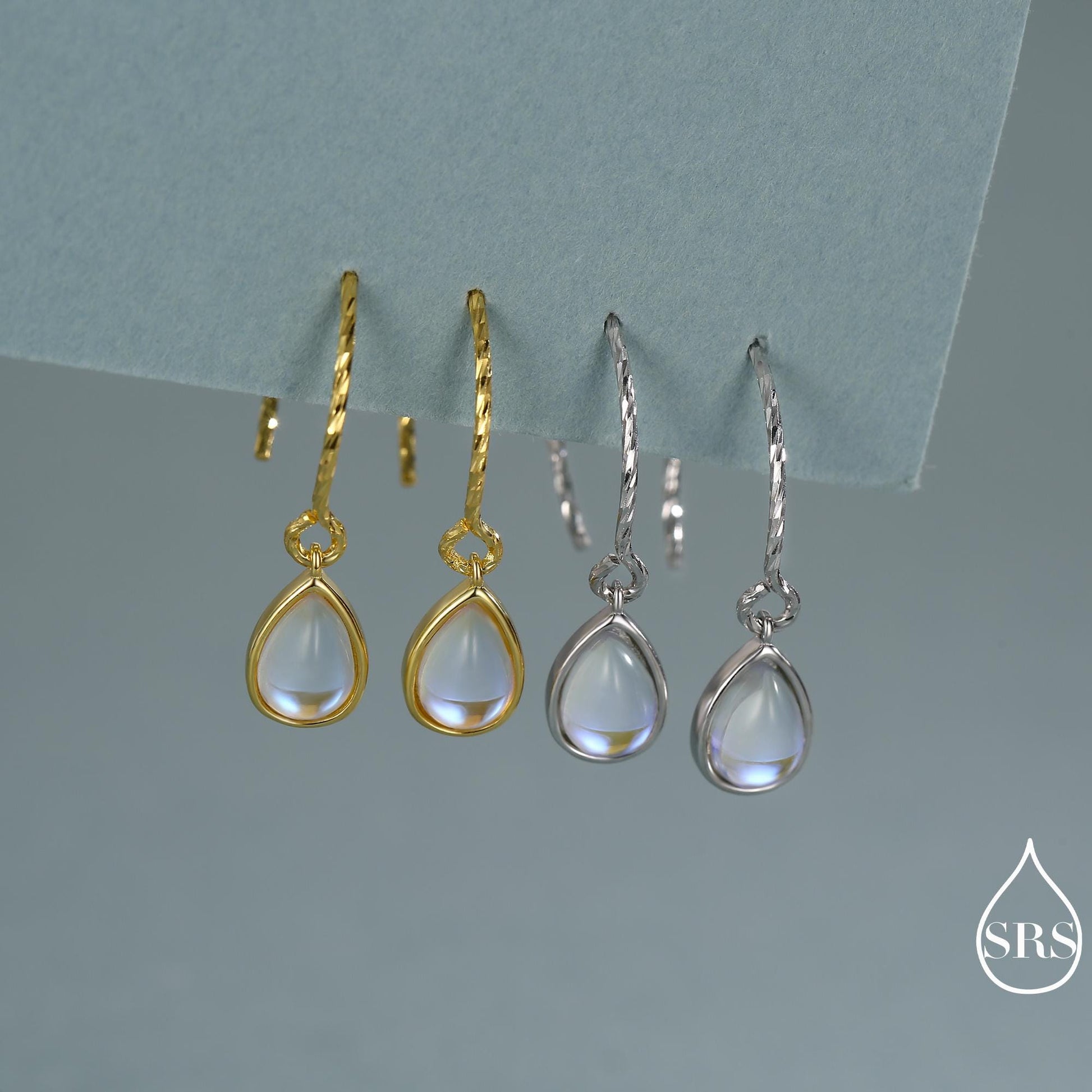 Mermaid Crystal Drop Hook Earrings in Sterling Silver, Droplet Pear Cut Aurora Glass Crystal, Simulated Moonstone Dangle Earrings