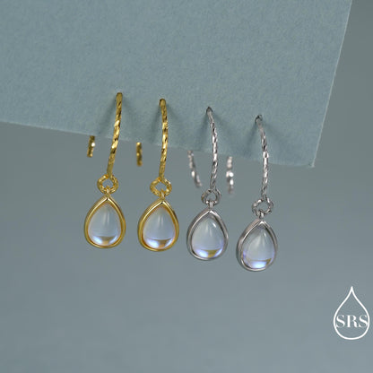 Mermaid Crystal Drop Hook Earrings in Sterling Silver, Droplet Pear Cut Aurora Glass Crystal, Simulated Moonstone Dangle Earrings