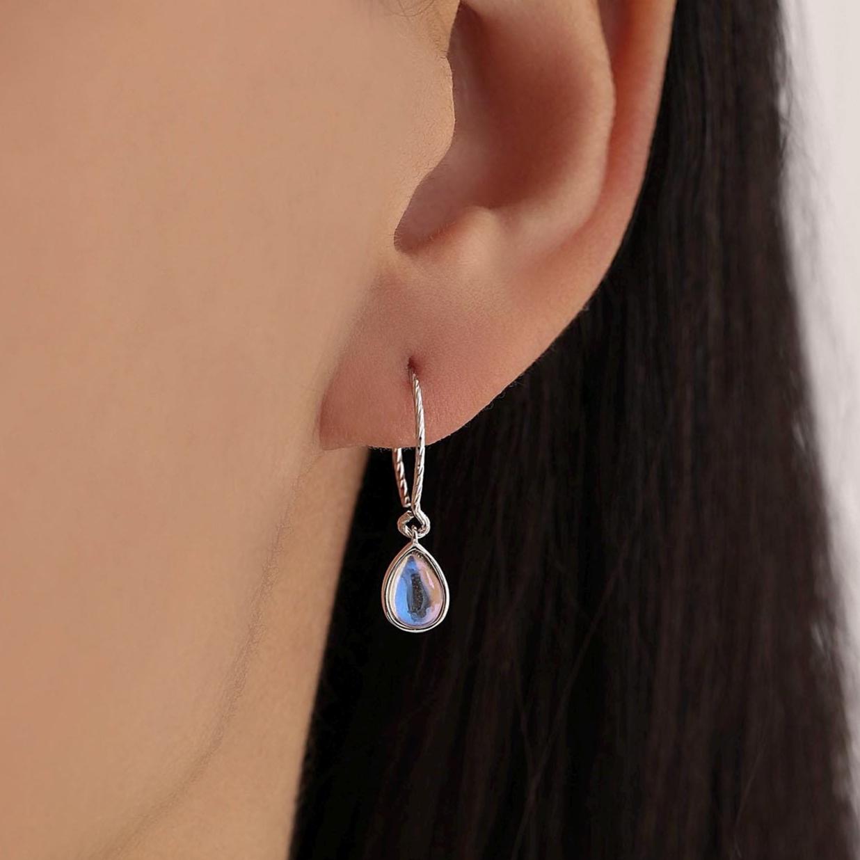 Mermaid Crystal Drop Hook Earrings in Sterling Silver, Droplet Pear Cut Aurora Glass Crystal, Simulated Moonstone Dangle Earrings