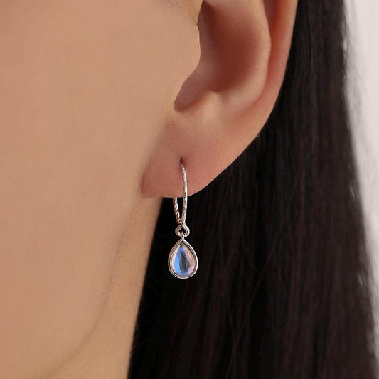 Mermaid Crystal Drop Hook Earrings in Sterling Silver, Droplet Pear Cut Aurora Glass Crystal, Simulated Moonstone Dangle Earrings