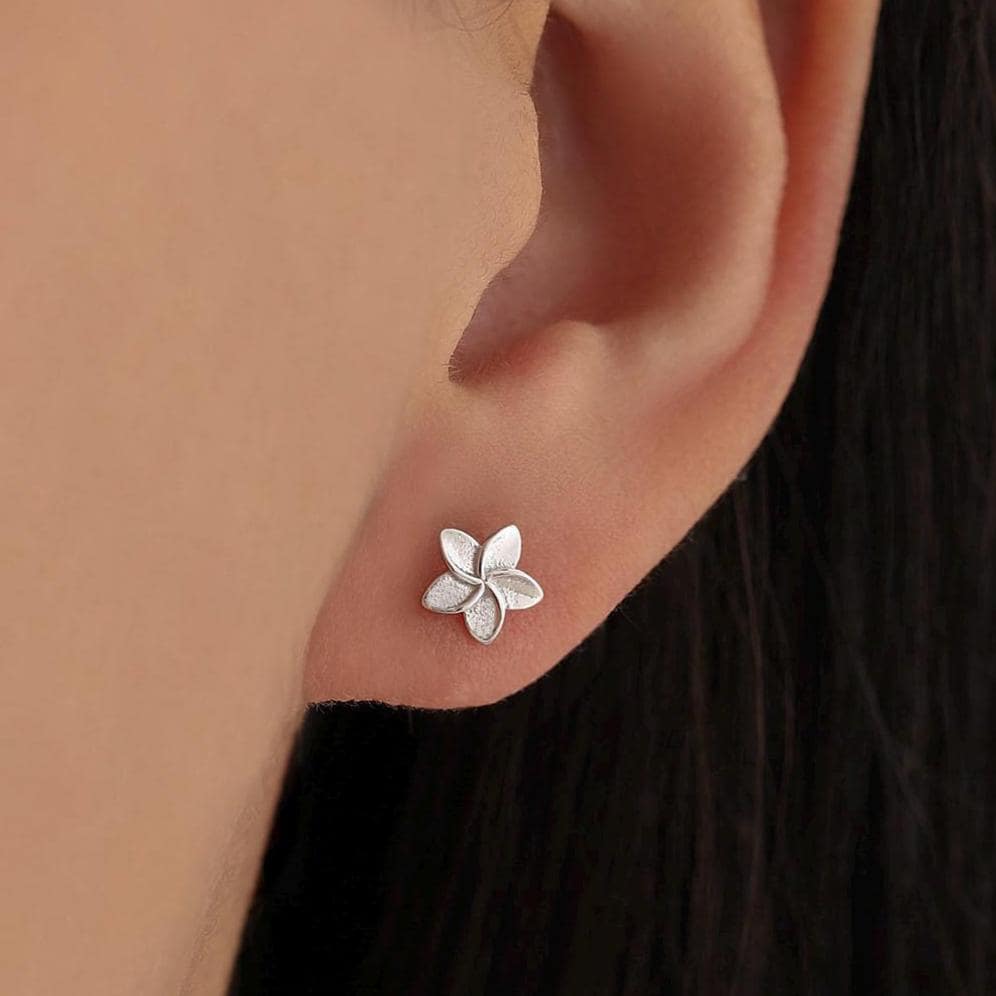 Tiny Plumeria Flower Stud Earrings in Sterling Silver, Small Flower Earrings, Nature Inspired Floral Earrings