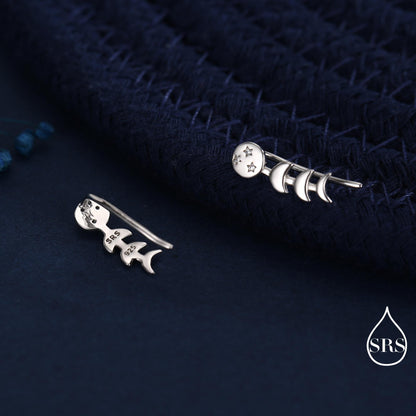 Moon Phase Crawler Earrings in Sterling Silver, Silver or Gold, Moon and Star Earrings, Ear Climbers, Celestial Earrings